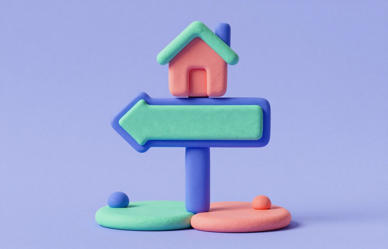 A signpost with two arrows pointing along two paths towards a small house